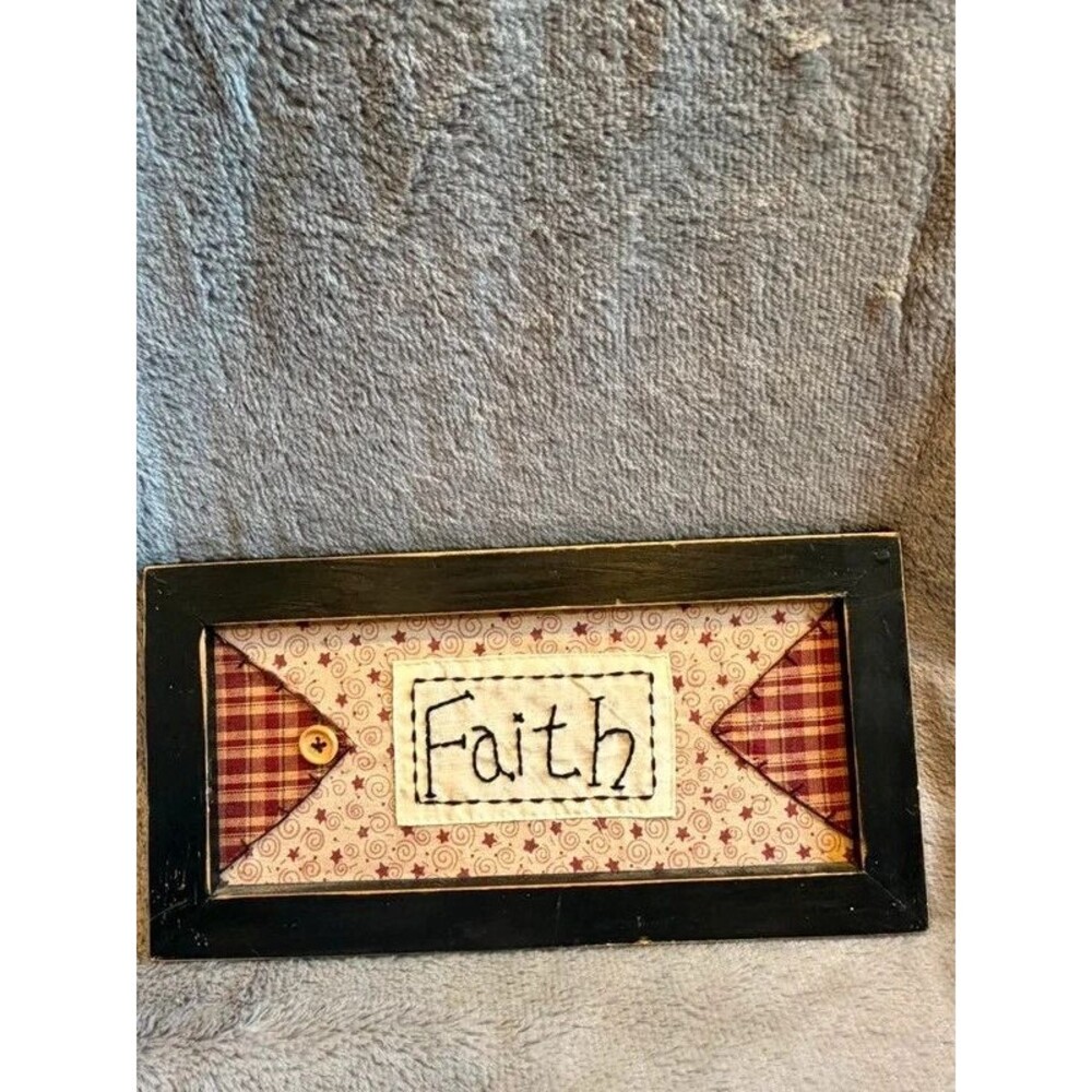 Rustic Cottagecore Stitched Fabric faith Sign Plaid Button Accents Black Frame